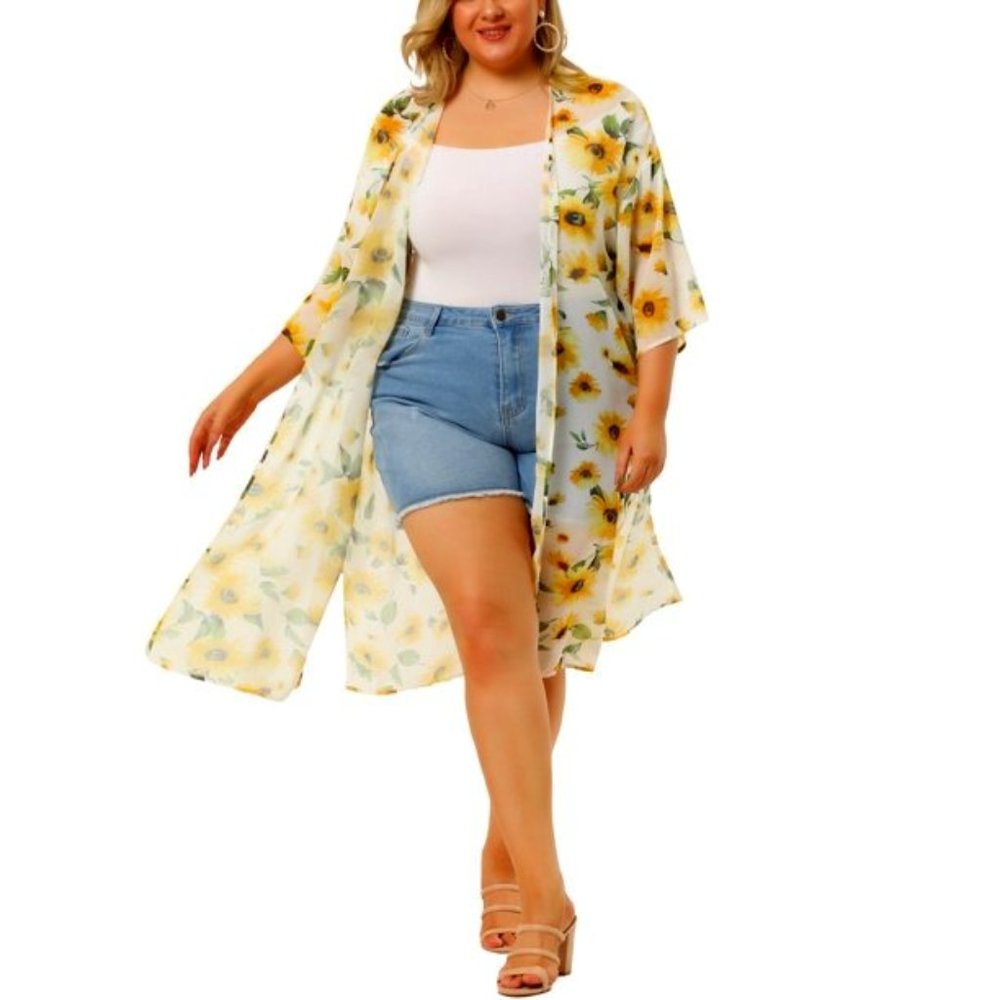 Women's Plus 3/4 Sleeve Tropical Floral Print Cardigans